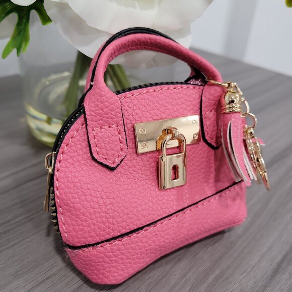 Cute Mini Faux Leather Coin Purse Keychain Small Zipper Bag Charm Hot Pink - Picture 5 of 5